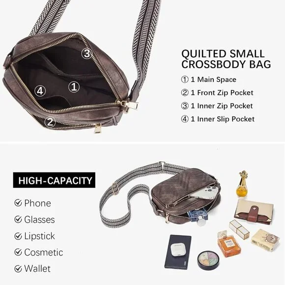 Women Coffee Imported Vegan Leather Quilted Small Shoulder Crossbody Handbags - Picture 4 of 8